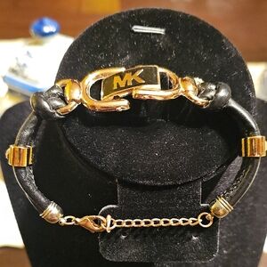 Michael Kors Black Leather & Gold Logo Bracelet